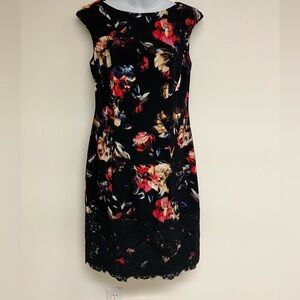 Maggy London Lace Detail Black Floral Sheath Dress size 8
